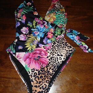 Johnny Was Multicolor Floral and Leopard One Piece Swimsuit Size Small